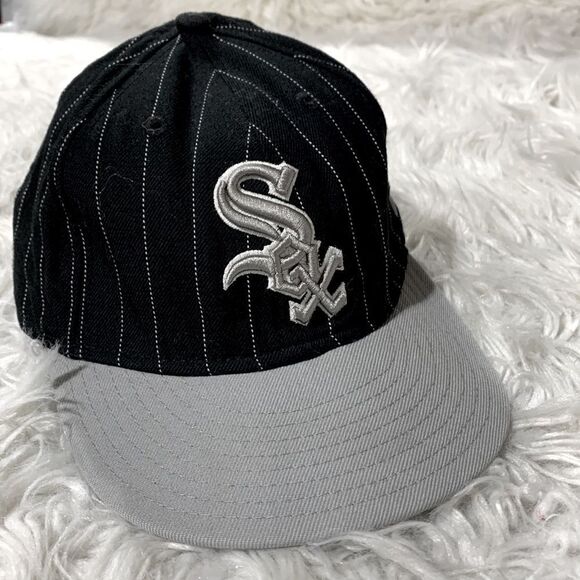 WHITE SOX wool baseball cap New Era 7 3/8 black with white pin stripes gray bill - Picture 11 of 11